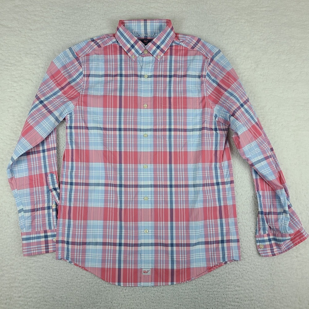 Vineyard Vines Murray Shirt Mens Small Blue Pink Plaid Performance Classic Fit *